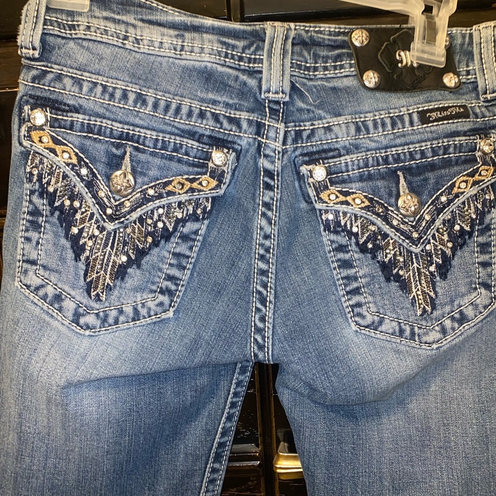 Miss Me Bootcut Feather Rhinestone Pockets - Picture 2 of 7